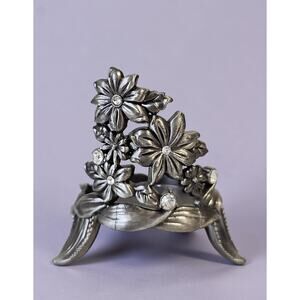 Candle Votive Holder Silver Floral Rhinestone Flower Whimsy Cottage Fairy